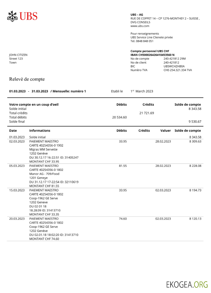 Modèle Word et PDF de relevé bancaire UBS France